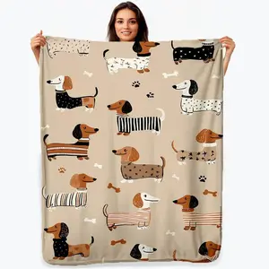 1 Dachshund Print Flannel Blanket - Brown, Black, and White Comfortable Dog Pattern for Home or Travel, Suitable for All Seasons