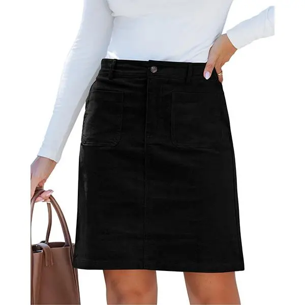 luvamia Corduroy Skirts for Women High Waisted Trendy Fall Elastic Waist Casual Stretchy Short Skirts with Patch Pockets Solid Color Skort