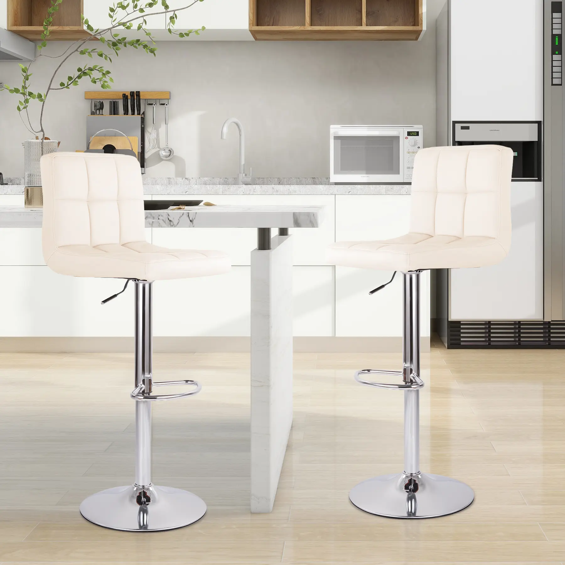 2PCS Modern Bar Stools with Back, 360° Swivel Adjustable Height Kitchen Island Chairs, PU Leather Breakfast Bar Chairs, White