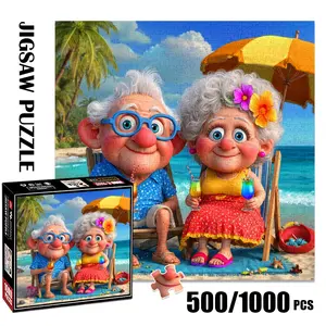 1pc 1000 piece adult puzzle 58x58cm Cartoon Elderly Couple on Beach with Drinks, Umbrella and Flowers 500 pieces of paper puzzle, suitable for adults and families, large-scale DIY puzzle interactiv