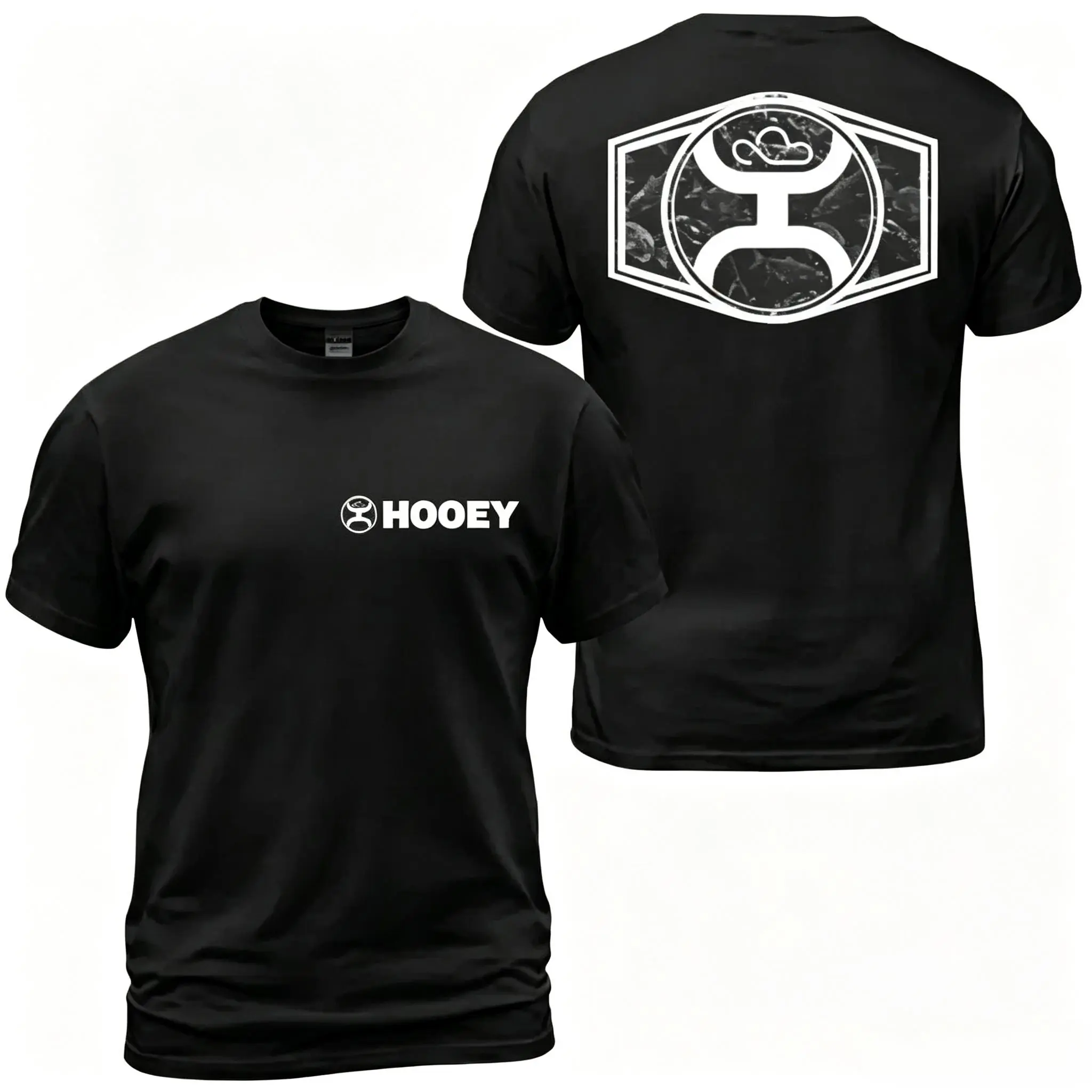 Hooey Black Logo Menswear T-Shirt - Men's Tops, Round Neck, Casual Fit, Western Ranch Print Tee With Front Chest Wordmark & Distressed Back Emblem, Rodeo Cowboy Gift For Men, Graphic Print, Classic Fit, Western Look, 100% Cotton