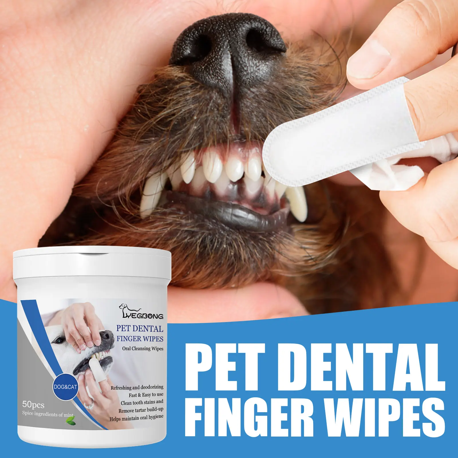 Yegbong Pet Finger Dental Wipes for Dogs & Cats, Disposable Oral Care Finger Wipes with Tea Tree Oil, Non-Woven Cleaning Wipes, Helps Freshen Breath, Remove Surface Stains, Clean Teeth & Gums, Daily Pet Oral Hygiene Supplies