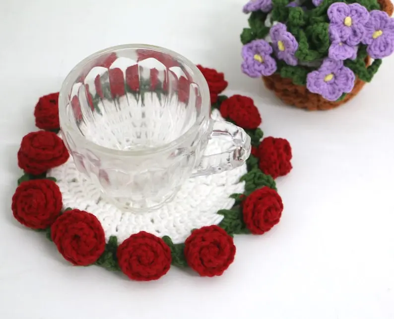 Flower Coaster Crochet, Rose Coaster and Flower Basket Crochet, Flower Coaster Amigurumi Crochet, Crochet Coasters