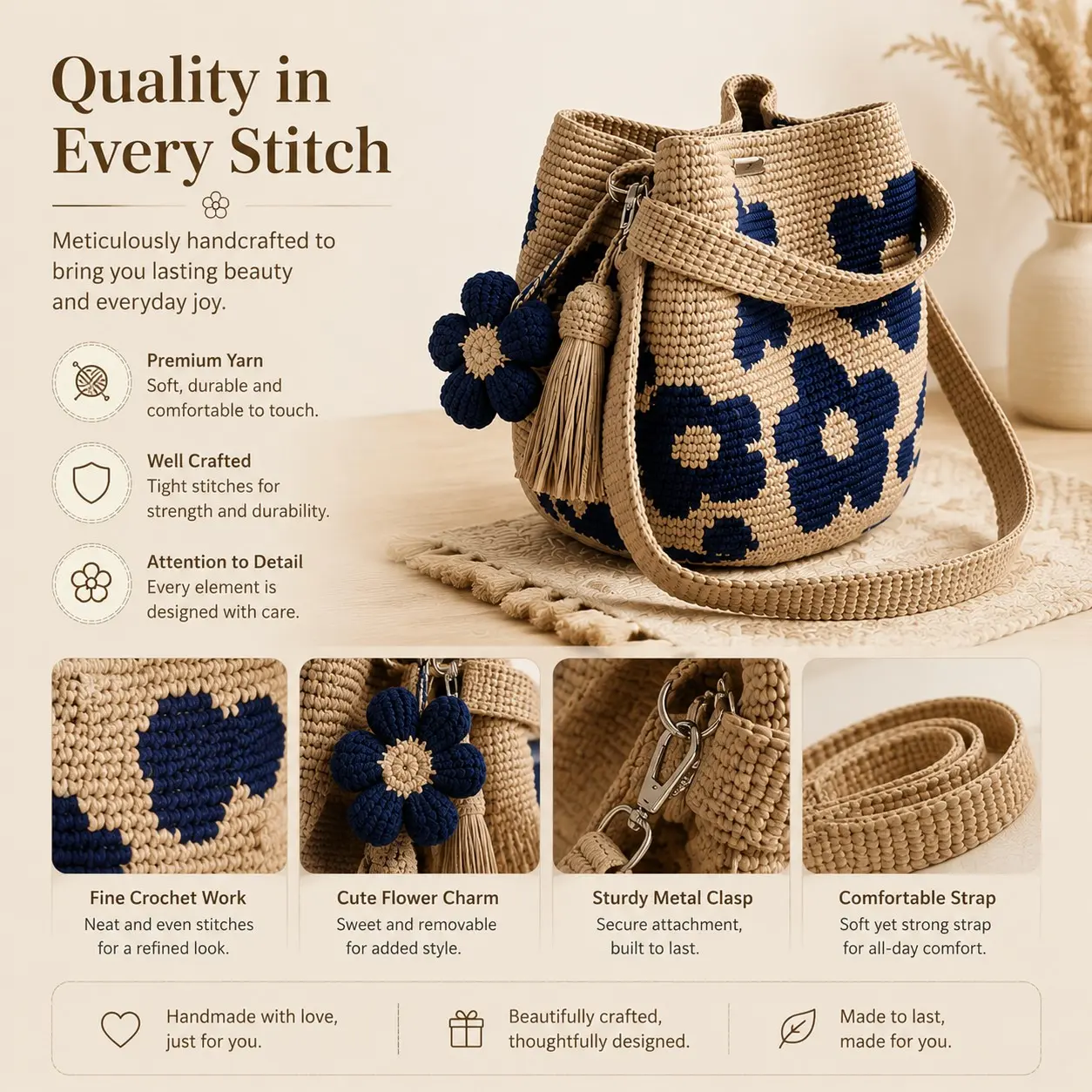 Handmade Crochet Flower Tote, Knit Floral Purse Bag, Boho Woven Beach Handbags Crossbody Shoulder Bag for Women Vacation