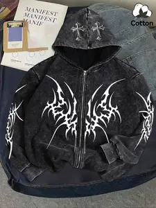 Unisex Washed Vintage Snowflake Hoodie, High-Quality Cotton Fabric, Soft Comfortable, Thorn Cross Print, Casual Fall & Winter Wear