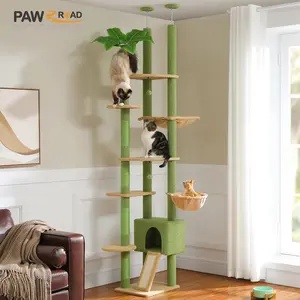 Cactus Cat Tree Floor to Ceiling Cat Tower Adjustable Height with Cat Condo Cozy Hammock and Scratching Post Tall Activity Tree