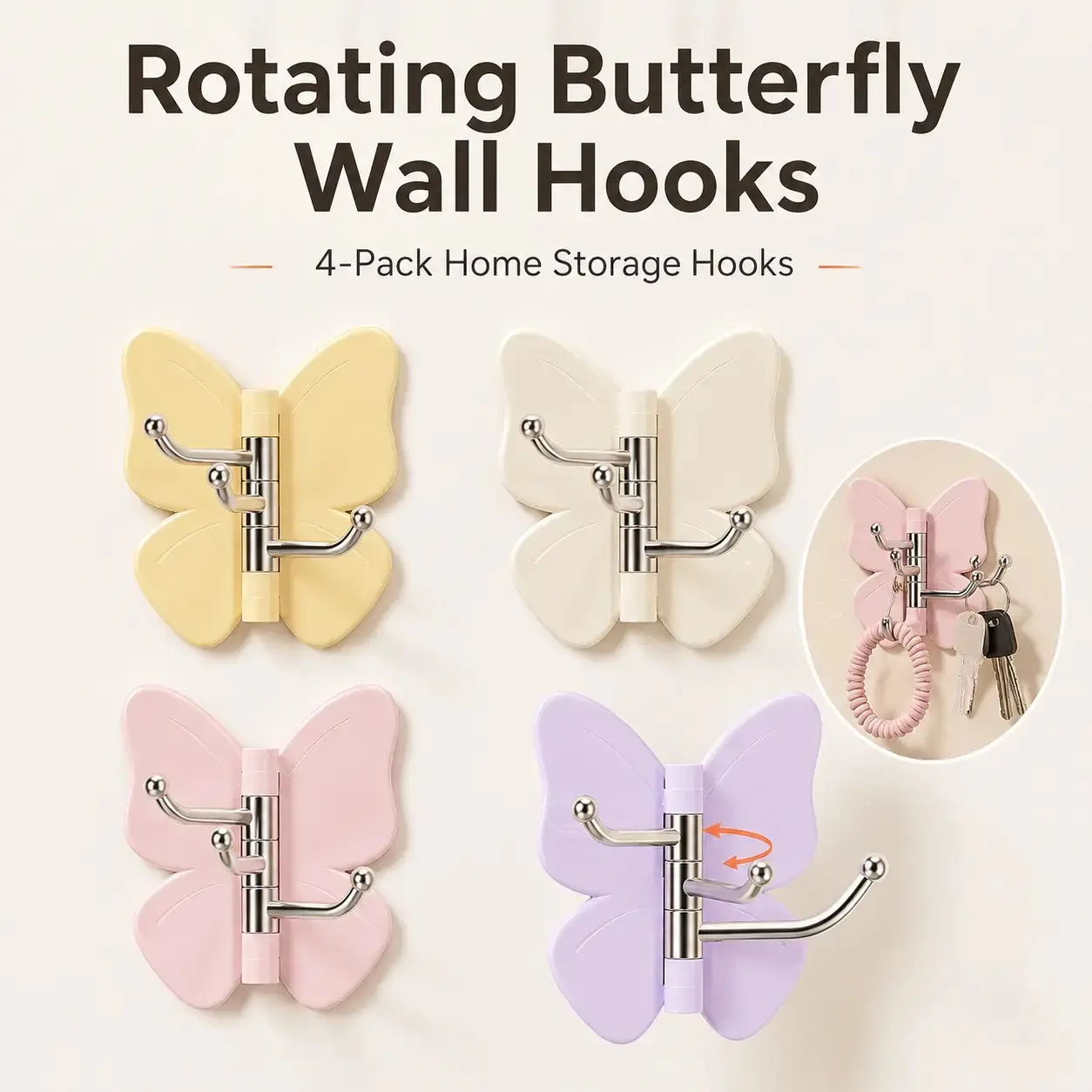 4PCS Compact Wall-Mounted Butterfly-Shaped Adhesive Hooks - No-Drilling Home Organizer, Freely Rotatable, Strong Hold, Holds Towels, Bags, Hats, Keys, Ideal for Bathroom Use Accessory