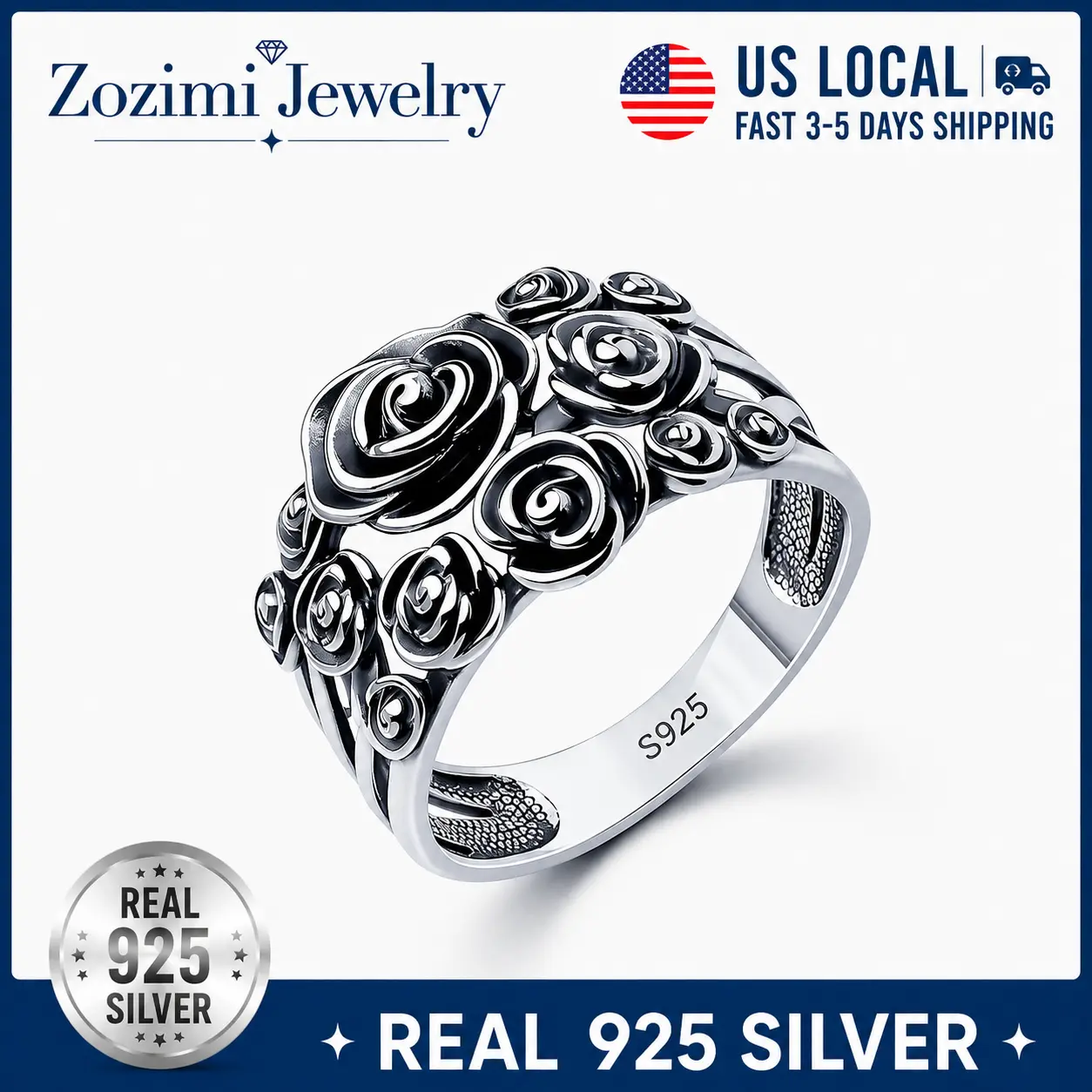 S925 Sterling Silver Oxidized 3D Embossed Rose Wide Band Ring Hollow Gothic Floral Vintage Statement Jewelry Anniversary Valentine Gift For Her Women Witchy Flower Lover