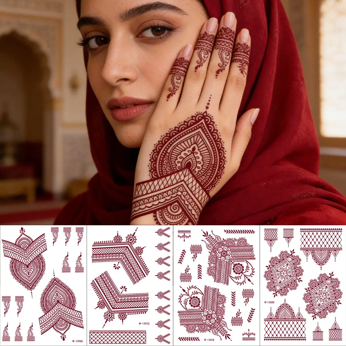 4 Pcs Henna Designs Mandala Lace Pattern Temporary Waterproof Tattoo Stickers, for Hands Arms Back, Party Use, Body Art