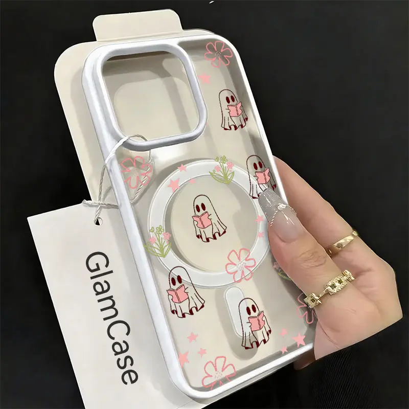 Reading Ghost And Flower Pattern Phone Case， Aesthetic Cute Style for iPhone 17 16 15 14 13 12 11 Plus Pro Max， Unique Book Lover Gift