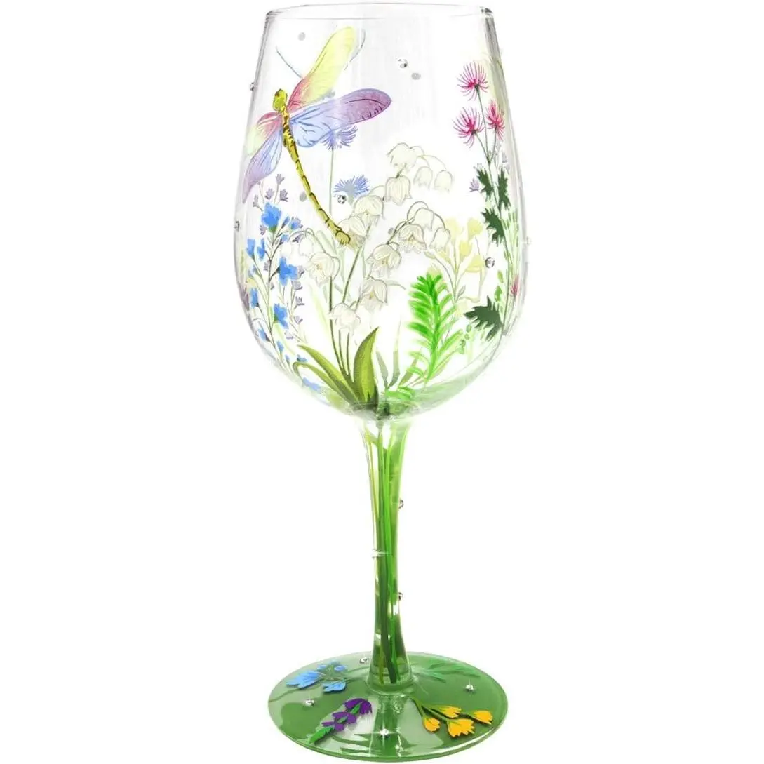 NymphFable Hand Painted Wine Glass Colorful Dragonfly Flower Artisan Painted 15 oz Glass Novelty Gift for Birthdays,Weddings,Valentine's Day Gift