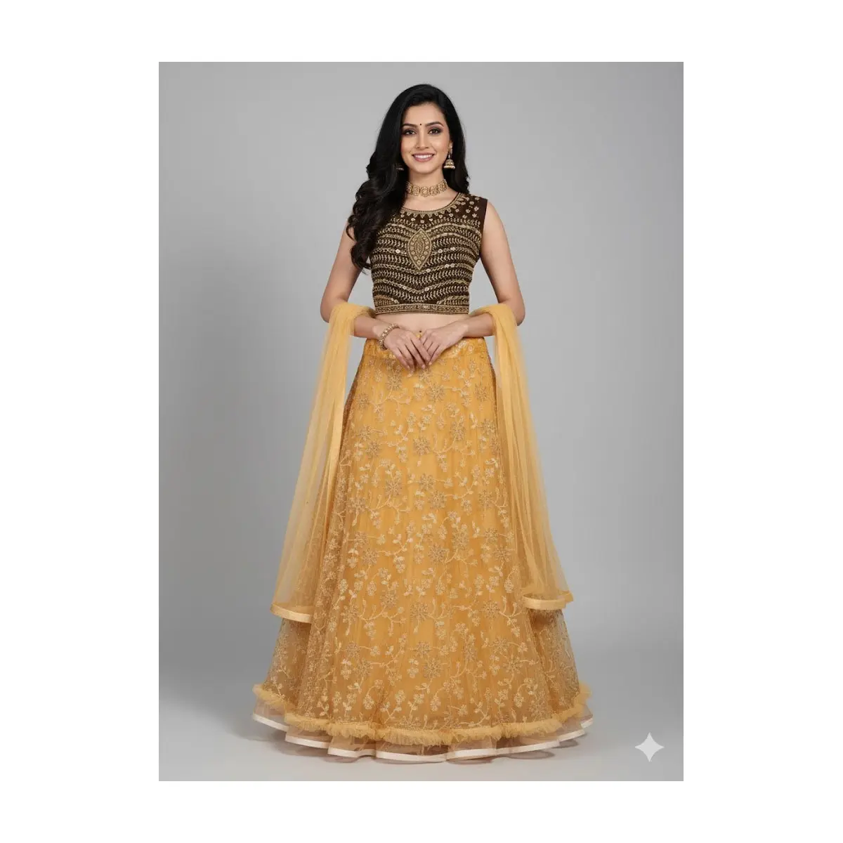 #LSET-8 Elegant Mustard Yellow Embroidered Lehenga with Black-Gold Crop Top 2 inch margin &Sleeve attached  with Matching Dupatta