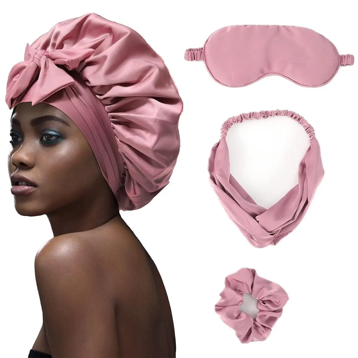 Women's 4-Piece Silk-Like Satin Bonnet Set - Haircare Sleep Cap with Adjustable Strap, Anti-Hair Loss, Reduces Friction, Includes Night Mask, Hairband, Scrunchie