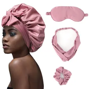 AWAYTR 4-Piece Suit Single Layer Satin Bonnet Eye Mask Hairband and Hair Ring Silk Like Texture Sleeping Cap for Men Women Adjustable Hair Bonnet with Tie Band Haircare Elastic