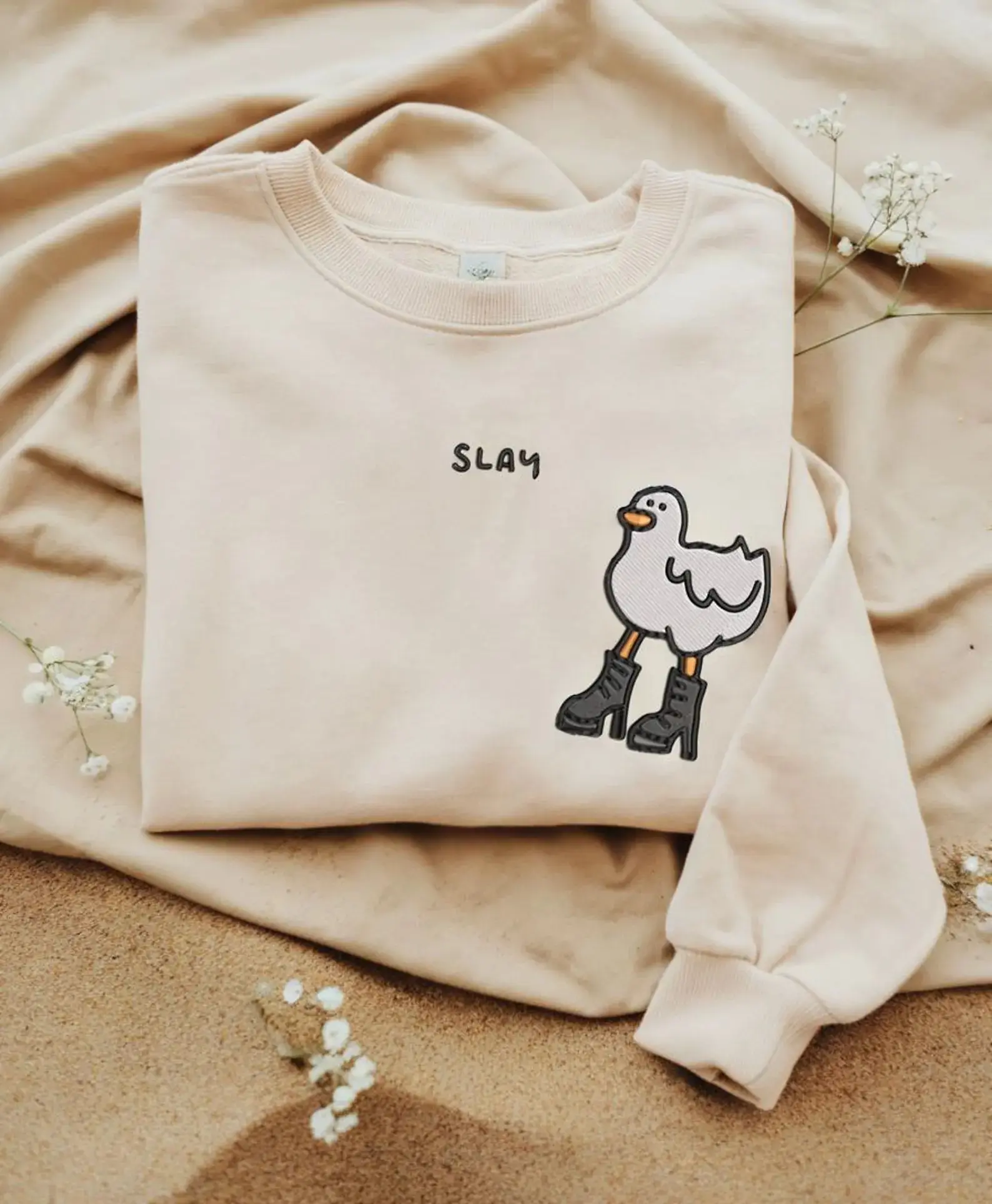 Slay Duck Embroidered Sweatshirt, Sassy Duck Crewneck, Cute Bird Graphic, Whimsical Animal Apparel