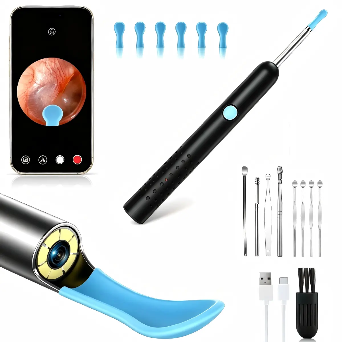 Wireless Bluetooth Visual Ear Cleaner, Household Portable HD Ear Wax Removal Tool with 3.5mm Mini Probe, 6 LED Fill Lights, Phone Compatible for Adults and Kids