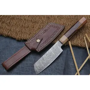 11" Handmade Santoku Damascus Chef Knife Olive Wood & Dark wood Handle with Leather Sheath