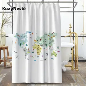 Animal World Map Shower Curtain for Kids, KozyNesté, Waterproof Washable Decorative Bathroom 71''x71'' (180x180cm) Polyester Fabric with 12 Hooks Colourful Educational Country Liner Tapestry, Odor Free,Rustt Free, Mold Free,Gifts