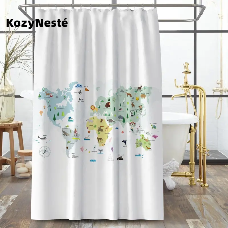 Animal World Map Shower Curtain for Kids, KozyNesté, Waterproof Washable Decorative Bathroom 71''x71'' (180x180cm) Polyester Fabric with 12 Hooks Colourful Educational Country Liner Tapestry, Odor Free,Rustt Free, Mold Free,Gifts