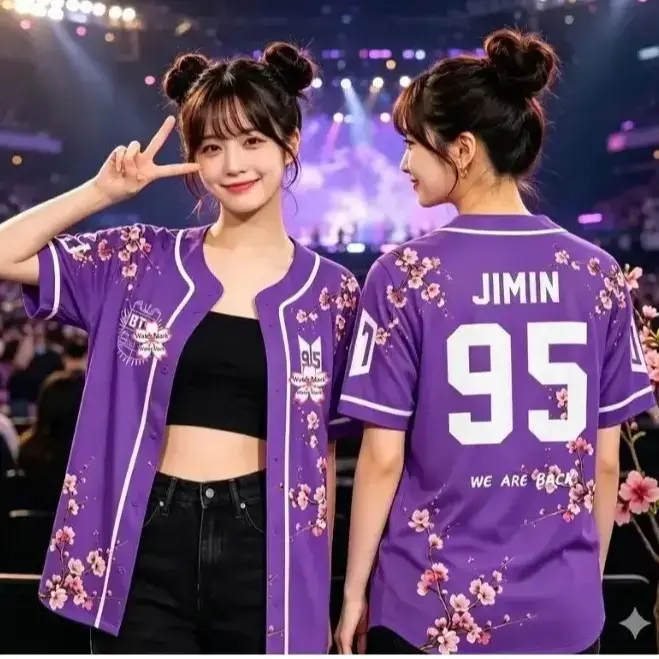 Purple Cherry Blossom Kpop Fan Baseball Jersey Pink Sakura Floral Short Sleeve Button Shirt Concert Outfit Oversized Streetwear Gift for Her