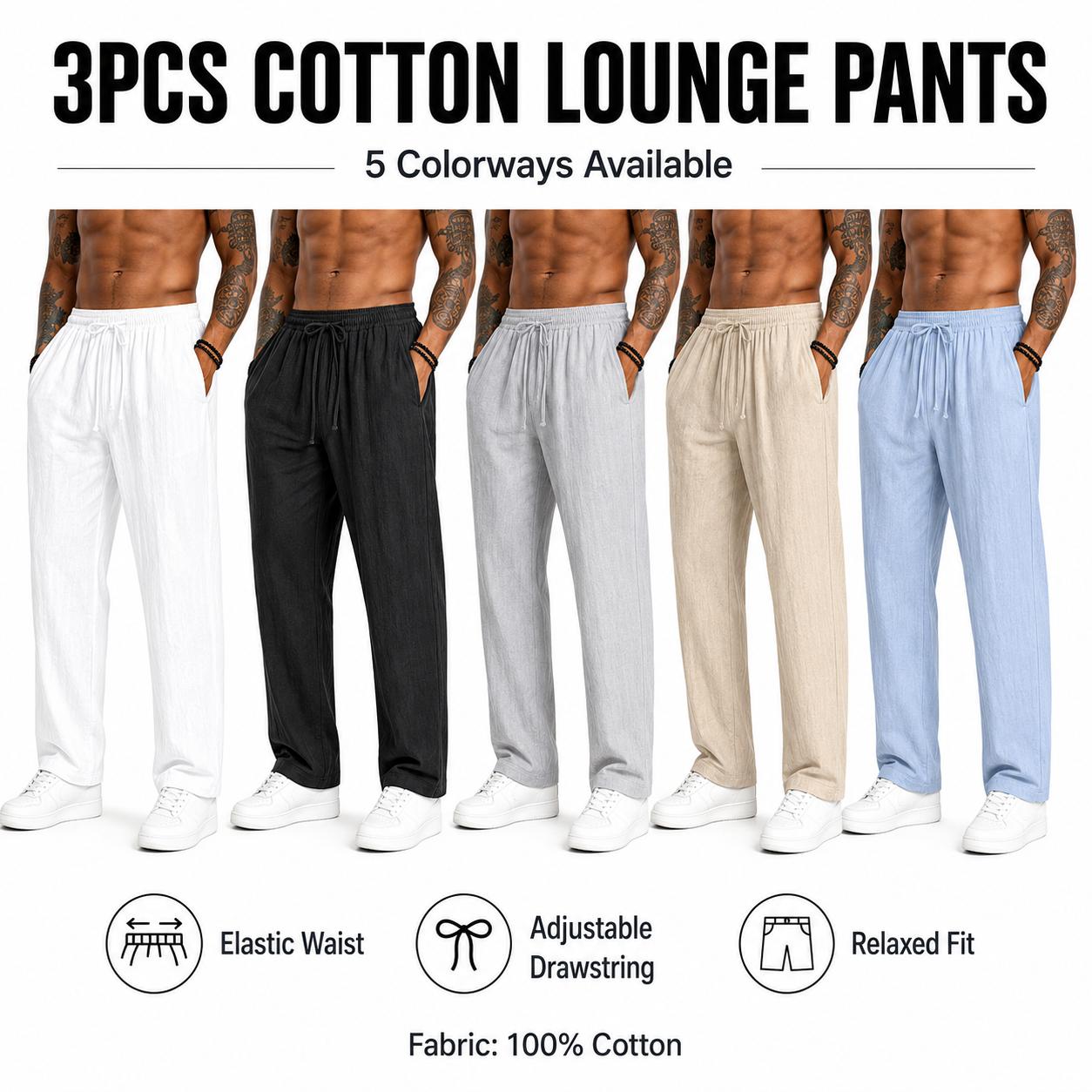 3-pack men’s casual pants, 100% cotton-linen comfortable, soft, breathable, lightweight drawstring pants with pockets, suitable for summer everyday wear, sports, leisure, and outdoor beach activities.
