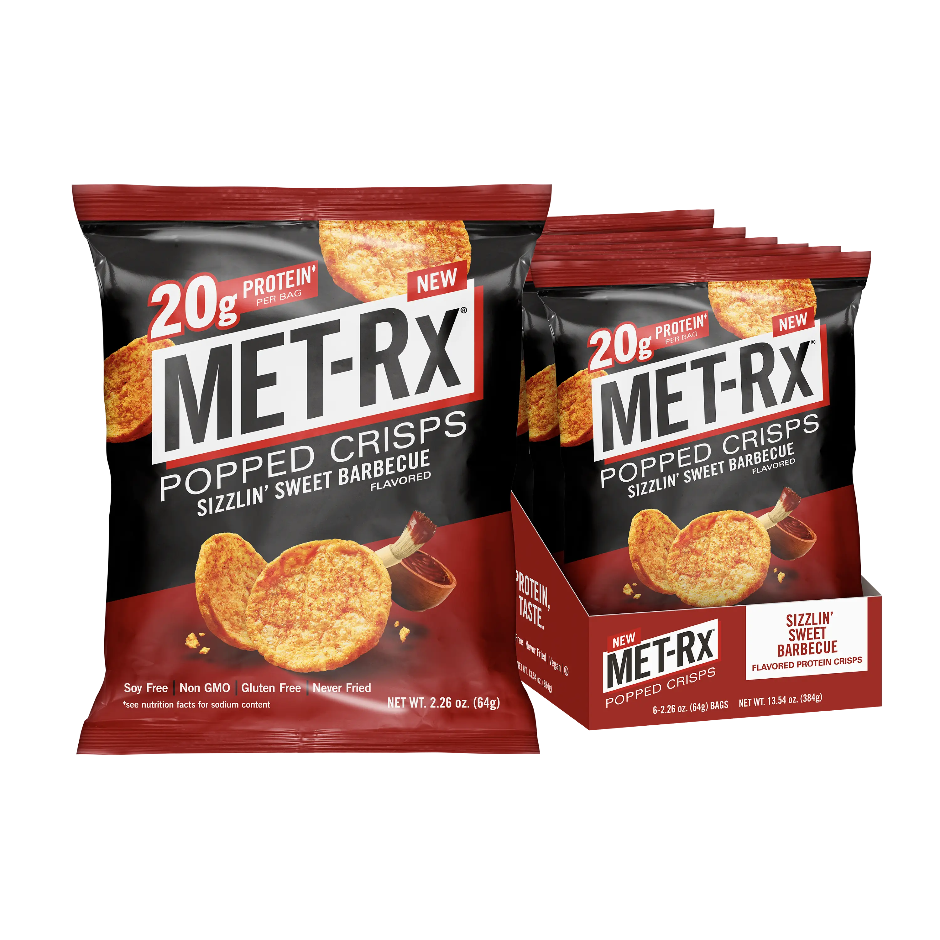 MET-Rx Popped Crisps Sizzlin' Sweet Barbecue | 6 Bags | 20g Protein | Crunchy Protein Snack