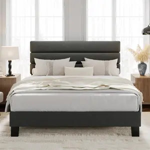 Bed Frame Platform Bed with Adjustable Headboard, Linen Fabric Upholstered and Wooden Slats Support, Heavy Duty Mattress Foundation, No Box Spring Needed, Easy Assembly,QUEEN