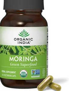 ORGANIC INDIA Moringa Capsules Organic - Moringa Leaf Supplement, Green Superfood Supplement, Pure Supergreen, Vegan Greens, Nature's Multivitamin, Vegan, Gluten-Free - 60 Capsules