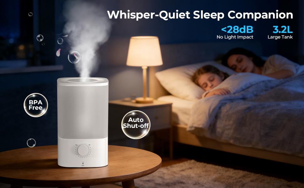 KISSAIR 3.2L Top Fill Cool Mist Humidifier | 40H Runtime Ultra Quiet <28dB | Baby Nursery & Plant Safe | BPA-Free 3-IN-1 Humidifier