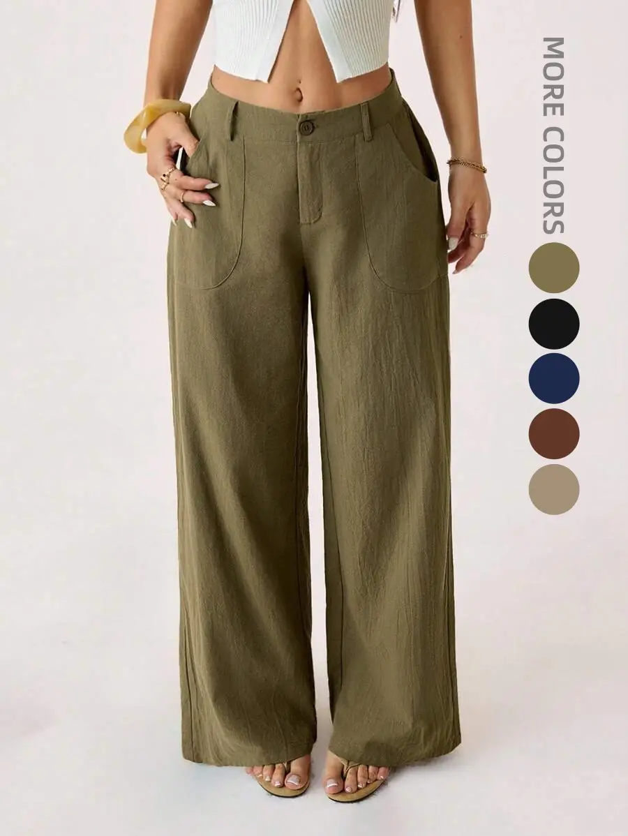 Women's High-Waisted Linen Pants - Chic Loose-Fitting Wide-Leg Trousers with Button Front for Spring Summer Office Work Clothes, Corporate Attire, Casual Wear (Pants for Women), Corporate Attire Women