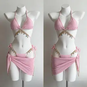 Women's High-Waist Solid Color Elegant Bikini Set - Soft Polyester Breathable Fabric, Asian Standard Sizes, Summer Beach Outfit, High-Waist Bikini