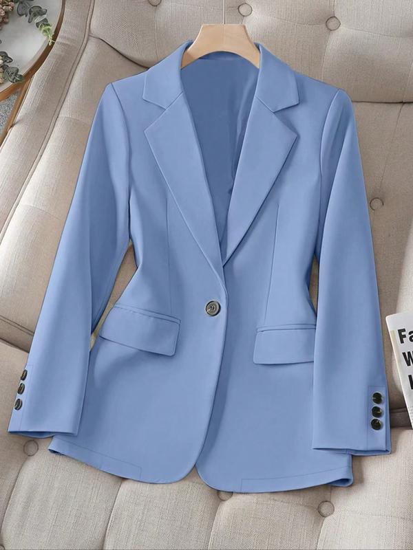 Women's Spring & Fall Solid Color Lapel Long Sleeve Single Button Casual Commuter Blazer Jacket, Fitted Plain Design