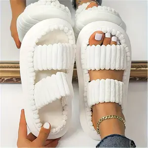 Women's Double Straps Plush Slippers, Solid Color Open Toe Non Slip Comfy Slides Shoes, Fashion Indoor Platform Slippers Girl Footwear