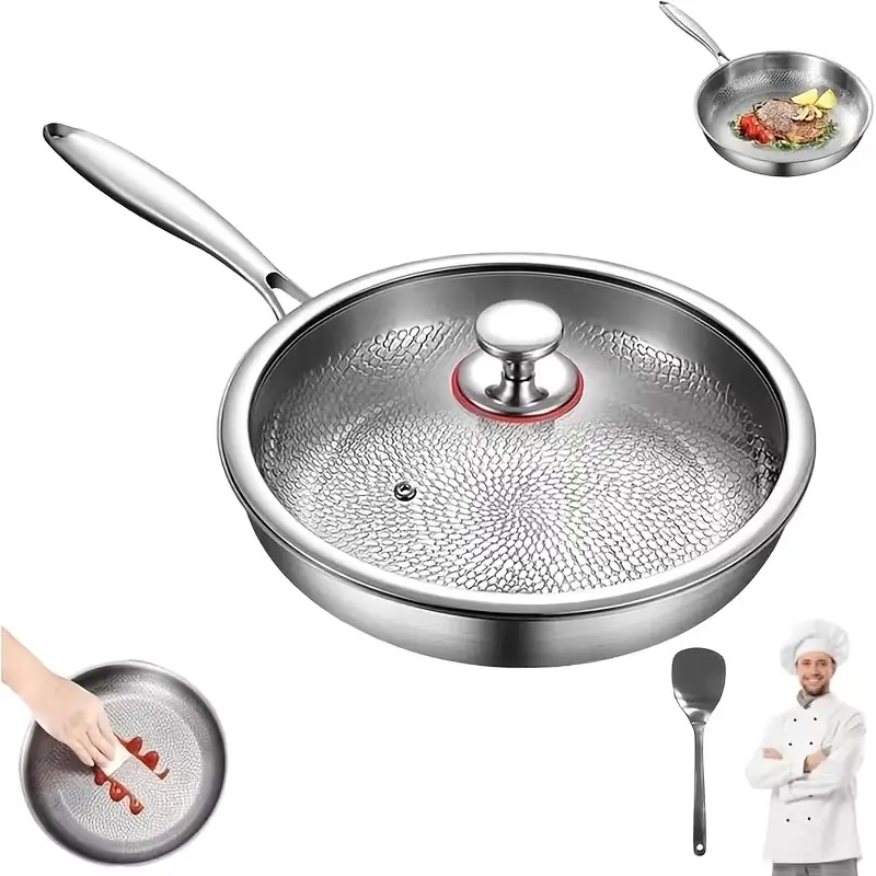 Titanium frying pan, titanium hammered textured frying pan with lid, upgraded non-coated non-stick professional kitchenware, ultra-durable, scratch-resistant, suitable for all stovetops