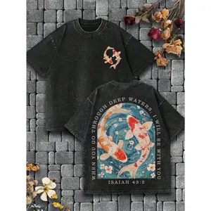 Men's Washed Cotton Short-sleeved T-shirt Double-sided Printed Carp Pattern Bible Scripture ISAIAH 432 Retro Old Loose Casual Trend Summer Top Couple Pure Cotton Breathable Fashion Design Sense National Style Art Printing Men's T-shirt