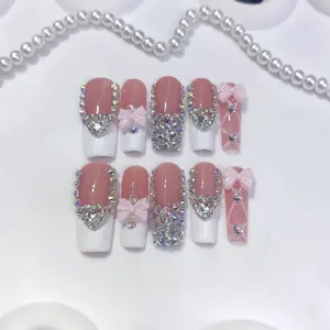 Hailey's square shiny gems pink bows white french tips luxury acrylic handmade press on nails A9