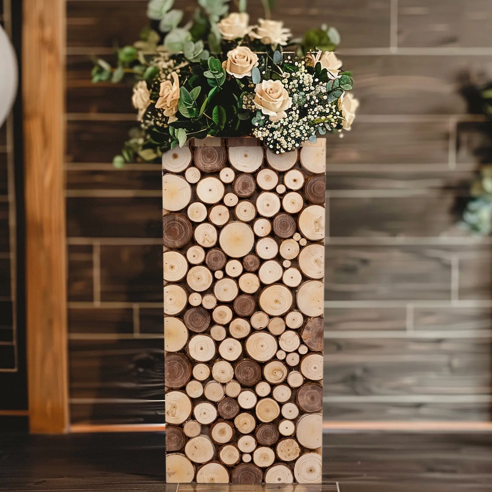 24in Natural Wooden Slice Decorative Pedestal Stand - Rectangular Rustic Farmhouse Decor Riser, Planter Base, Garden Accessory Pillar Prop for Dessert and Floral Arrangements, Easily Cleaned with Damp Cloth