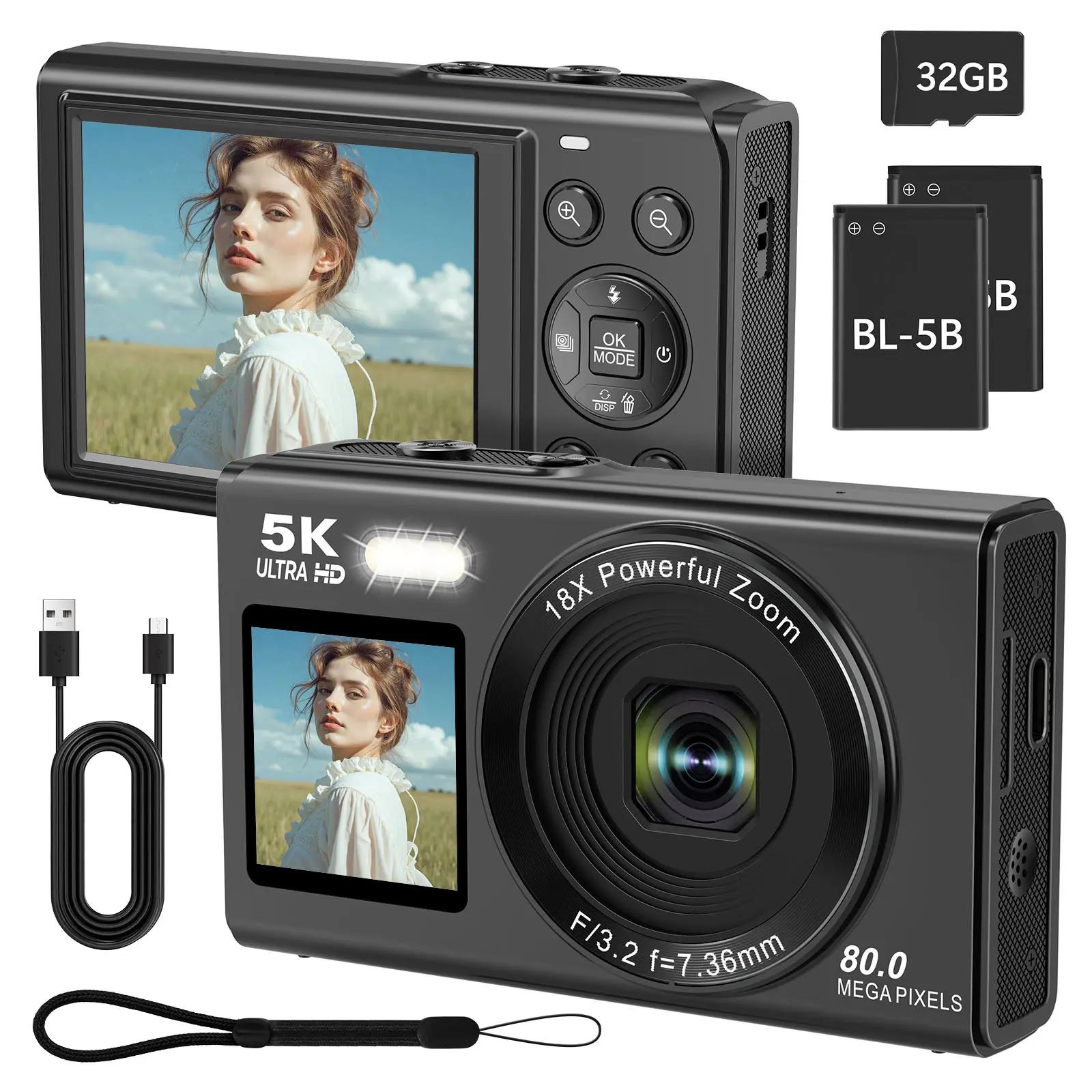 WIKICO 5K Digital Camera, Dual Screens Camera with 18X Digital Zoom, Compact Vlogging Camera for Teens, Beginner-Friendly Gift Pack, 32GB Card & 2 Batteries,summerwins