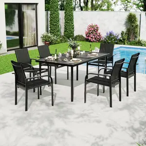 7 Piece Patio Dining Set for 6, Outdoor Furniture Set Includes 55" Rectangle Patio Table and 6 Textilene Dining Chairs with Iron Armrests for Lawn, Porch, Balcony, Poolside