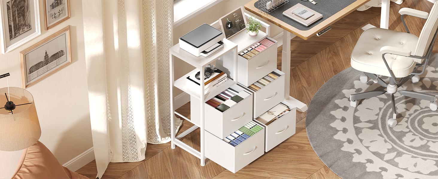 5 Drawer Fabric Dresser, 2-Tier Shelf Storage Chest, Storage Cabinet for Bedroom, Hallway, Entryway, White