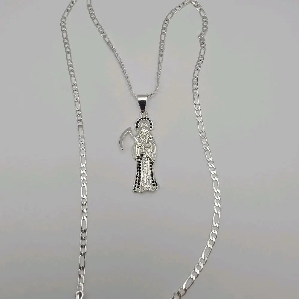 The grim reaper/La Santa Muerte  gold-plated silver color with figaro chain black stone's Jewel Necklace Cuban Link Design