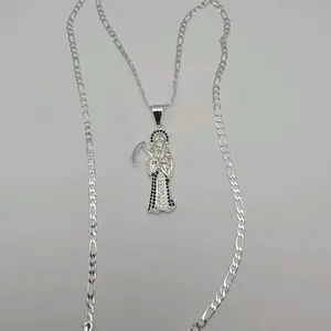 The grim reaper/La Santa Muerte  gold-plated silver color with figaro chain black stone's Jewel Necklace Cuban Link Design