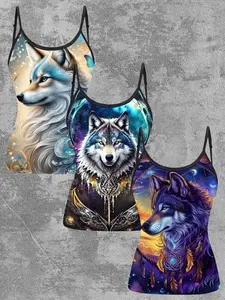 Dreamy Starry Wolf Print Strapless Tank Top, Galaxy Universe Wolf Head Slim Fit Top, Women's Fall Sleeveless T-Shirt, 3-Piece Set