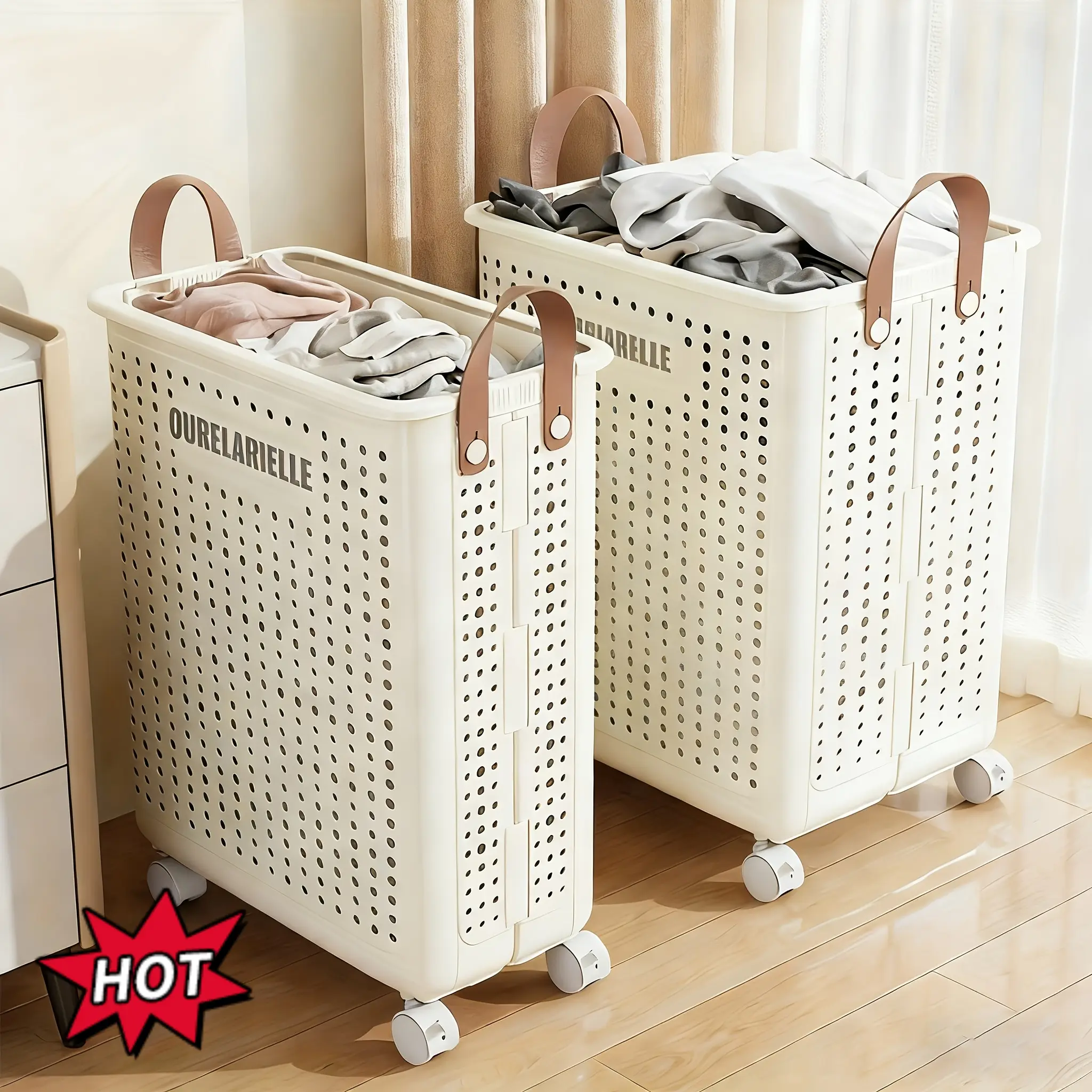Large Foldable Wheeled Laundry Basket 15.8/20GaA Faux Leather Solid Color Portable Storage for Bathroom Balcony No Lid Laundry Bag Accessories Basket Without Lid Faux Leather Solid Color Versatile for Bathroom Balcony Storage Laundry Room