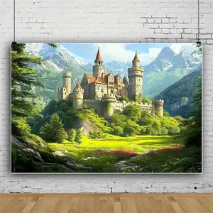 1pc, Fantasy Party Banner, A Stone Castle Sits Atop A Hill With Mountains In Background. Birthday Photo Backdrop Backgroud, Christmas Wedding Party Supplies, Holiday Decoration