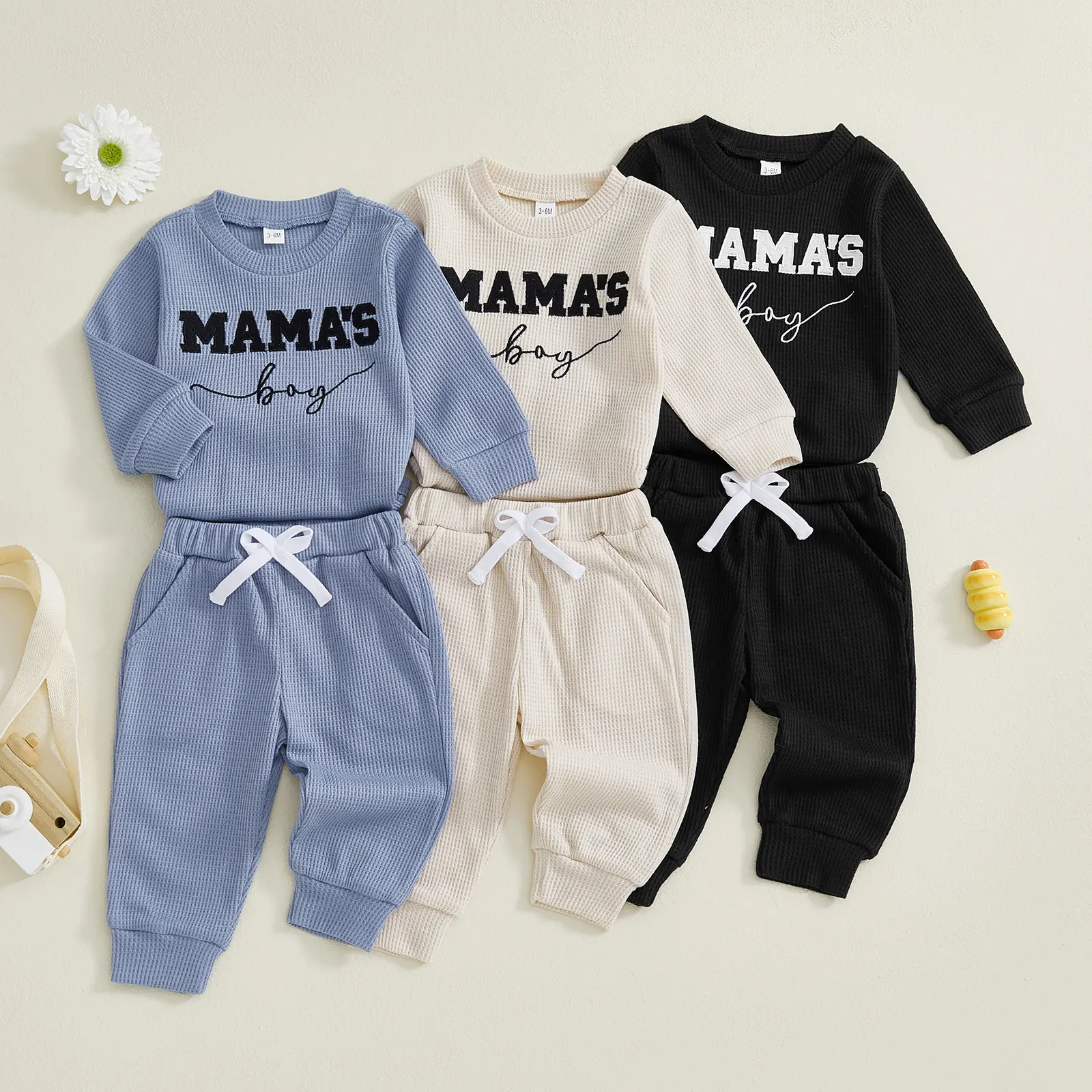 FOCUSNORM Baby Boy Fall Winter Outfit Mama's Boy Embroidery Waffle Bodysuit Long Sleeve Romper Solid Jogger Pants Cute Newborn Clothes Welcome Home Photo Shoot Baby Announcement