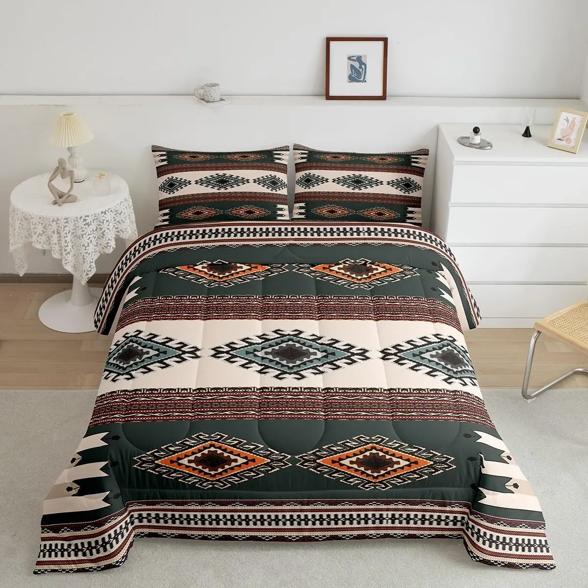 Feelyou Queen Size Microfiber Decorative Bedding Set - 3-Piece Southwest Digital Print with Cowboy, Aztec, Native Indian Tribal Navajo Designs (Blue, Brown, Beige) | Set Includes Core Pieces for Kids Room Decor, RV Homes