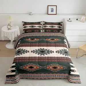 Western Down Comforter,Queen Size Southwestern Comforter Set,Cowboy Aztec Bedding Set,Blue Brown Beige Native Indian Tribal Navajo Quilt Set,3Pcs