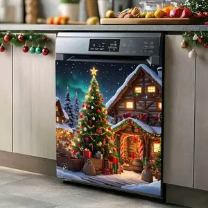2pcs Festive Christmas Village Scene Magnetic Appliance Covers - Waterproof & Heat-Resistant Vinyl Decals for Dishwasher, Refrigerator, Washing Machine - Easy to Apply, Durable Holiday Decor for Kitchen, Bedroom, Office, Christmas Village D