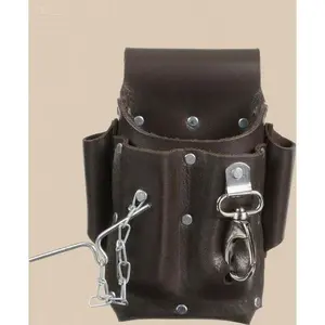 Leather Tool Pouch with 5 Pockets & Metal Clip; Durable Fade-Resistant Compartments; Electrical Tape Holder; Washer Rivets for Secure Attachment; Heavy-Duty Dark Brown Work Pouch